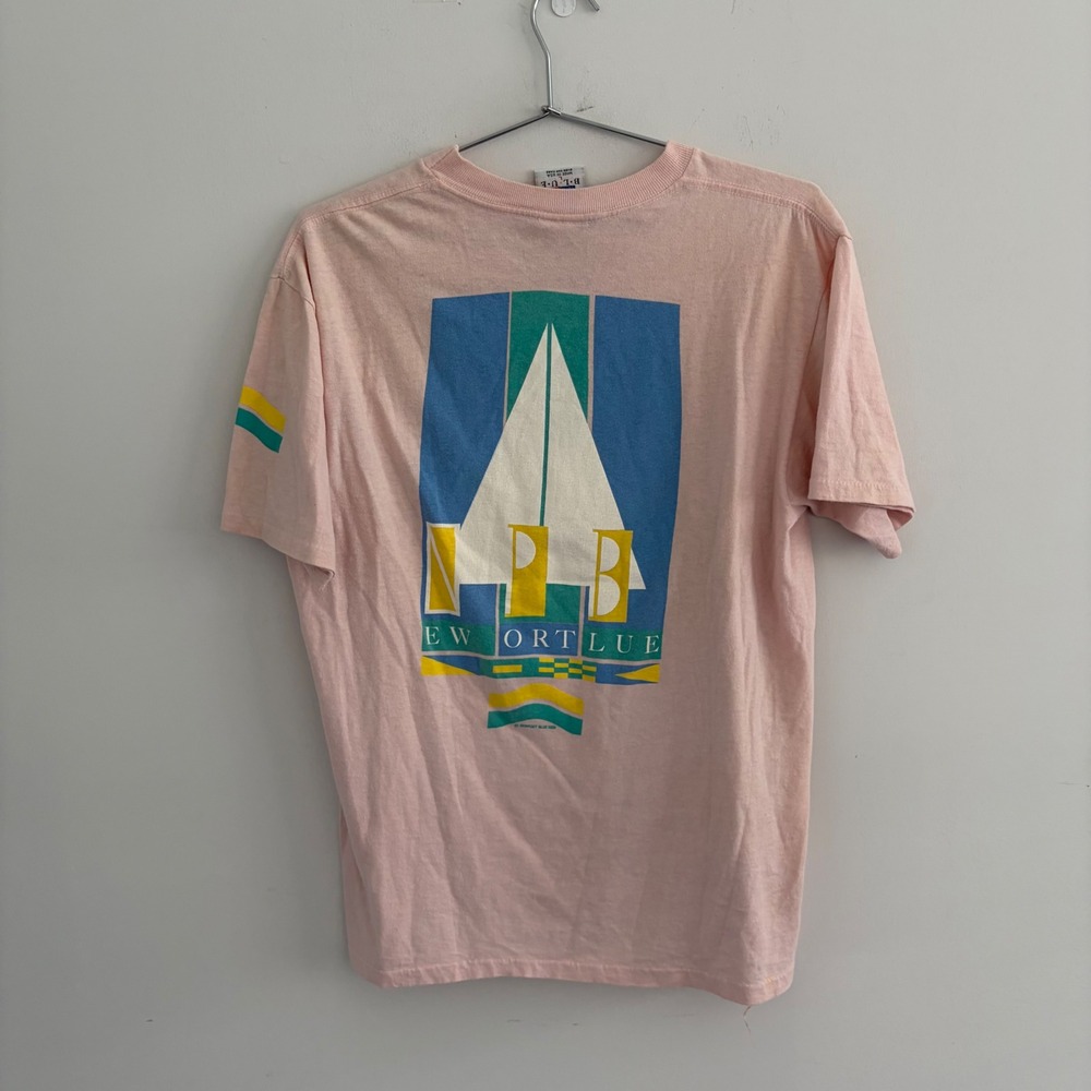 Vintage 1989 Newport Blue Sailboat Graphic T-Shirt Pink Large Made in USA Mens